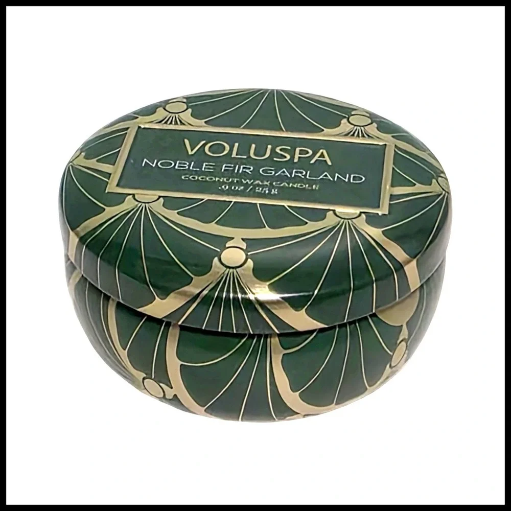 Voluspa Noble Fir‎ Garland Mini Tin Coconut Wax Candle 0.9oz Green Gold Art Deco